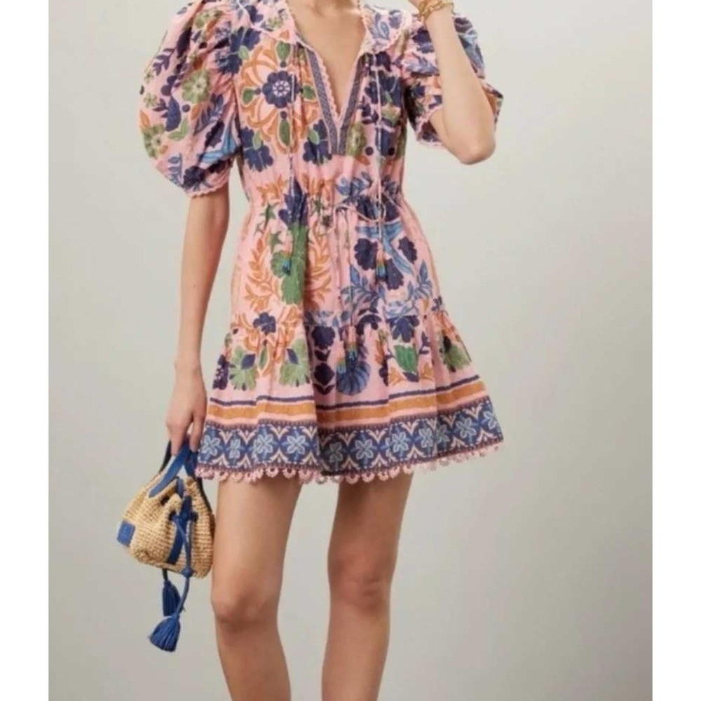 Farm Rio Seashell Tapestry Cotton Mini Dress Pink Floral Puff Sleeve Boho Small